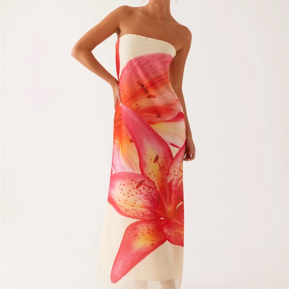 Peppermayo Maxi Strapless Floral Formal Dress in Pink, Orange and Cream